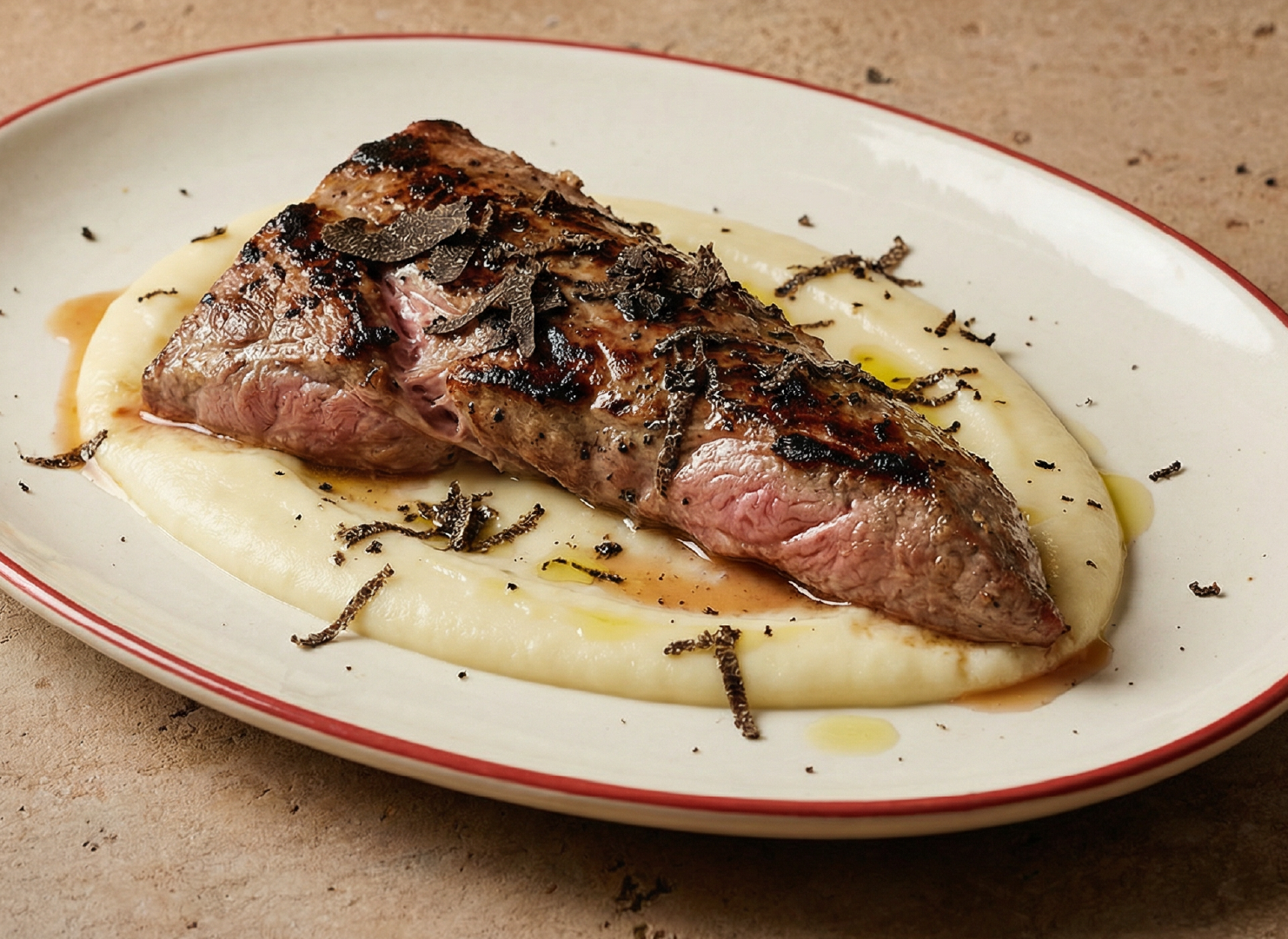 Pluma Joselito al carbón con cremoso de patata y trufa negra